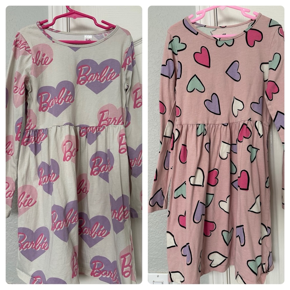 Two H&M girls printed long sleeve dresses a Barbie and hearts